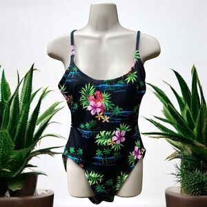Vintage Paradise Beach Tropical Swimsuit M One Piece Parrots Hibiscus Palm